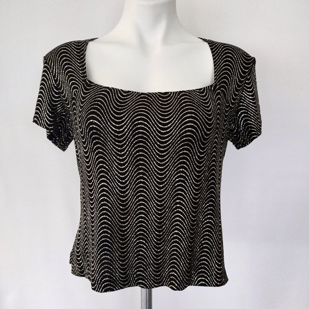 1990s Vintage Ronni Nicole Black and Silver Glitter Striped Stretch Top